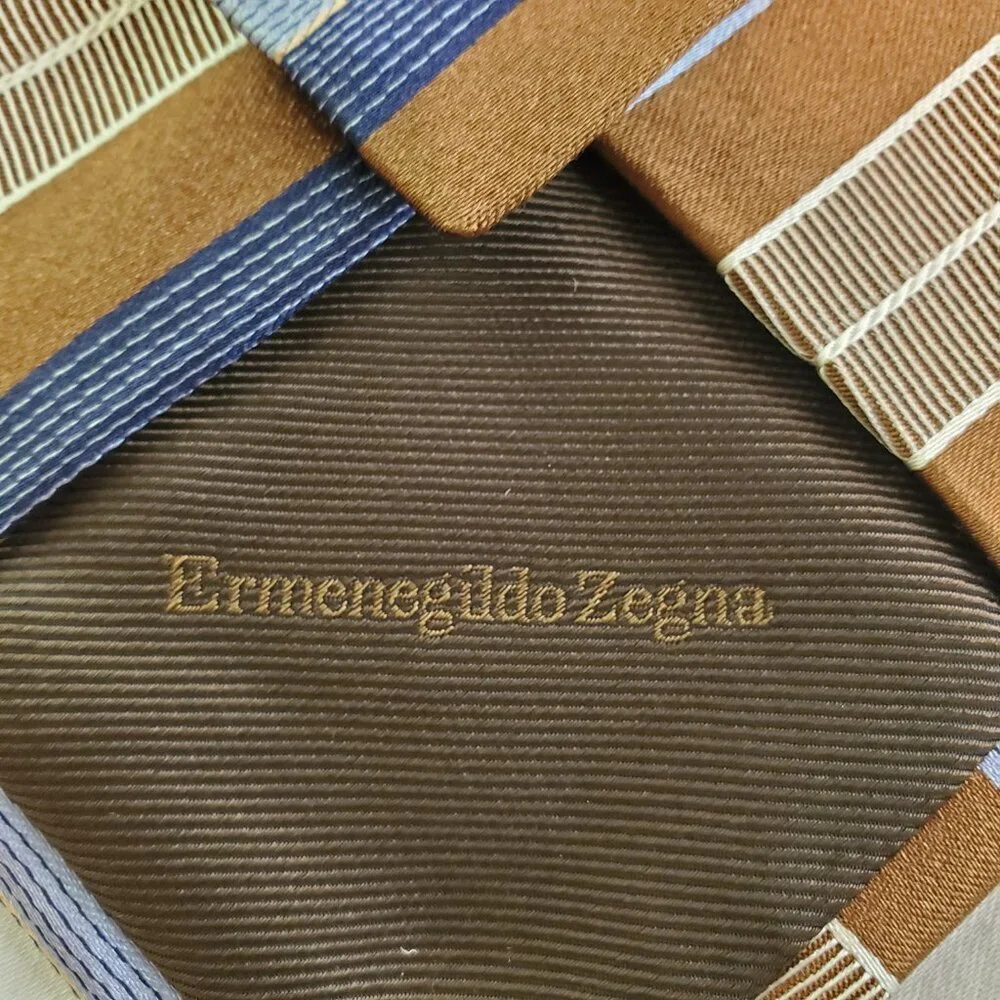 Ermenegildo Zegna 2 Luxury Silk Men's Ties Stripes & Plaid Pattern Blue Brown